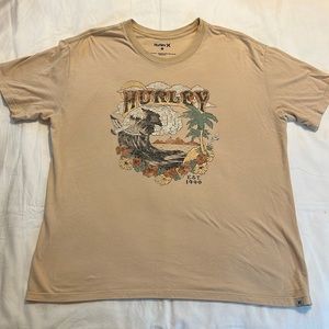 Hurley Beige Crew Neck Tee Shirt Wave Hawaiian Graphic Size Small